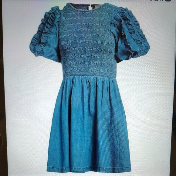 NEW Cleobella Denim Puffed Sleeve Smocked Bodice Cotton Mini Dress Women's Sz M.